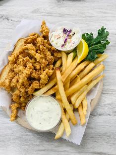 Fried Clam Strip Plate with French Fries, Tartar Sauce and Cole Slaw